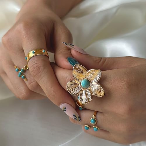 Bohemian Turquoise Ring for Women Chunky Gold Flower Statement Rings Vintage Round Turquoises Stackable Knuckle Ring Set for Women Western Jewelry - style: Turquoise flower ring-A