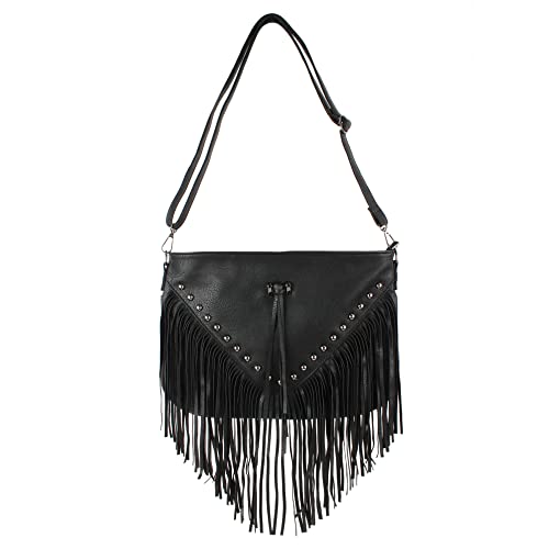 Hoce Women’s Leather Fringe Messenger Bag Large Hobo Crossbody Tassel Shoulder Bags, Gift for Mom Wife Girlfriend - color: Black