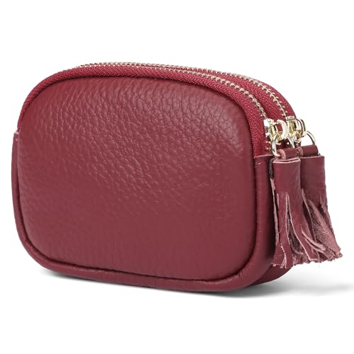 SENDEFN Coin Purse Keychain Small Genuine Leather Women Wallet 2 Zippers Around Key Ring Change Pouch Cash Holder - color: 3-Red