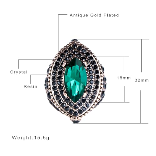 Women Ring - 32mm Big Size Antique Gold Plated Turkish Style Green Black Gemstone Vintage Ring Women Jewelry J0769GreenBlack