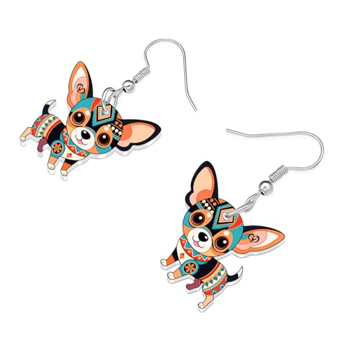 BONSNY Colorful Cute Chihuahua Dangle Earrings Mexican Folk Art Style Dog Pets Design Gifts for Chihuahua Lovers Women Fun Hypoallergenic Jewelry Accessories - color: Brown