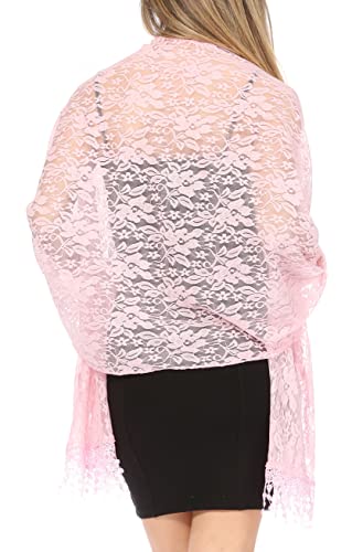 Sakkas Mari Women's Large Lightweight Soft Lace Scarf Wrap Shawl Floral and Fringe - color: Style3-pink