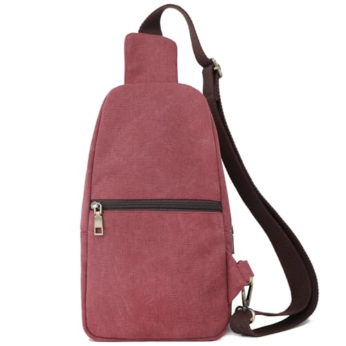 SILKAREA Canvas Sling Bag for Wome Crossbody Purse Small Sling Backpack Purse Travel Hiking Chest Bag Daypack - color: Wine Red