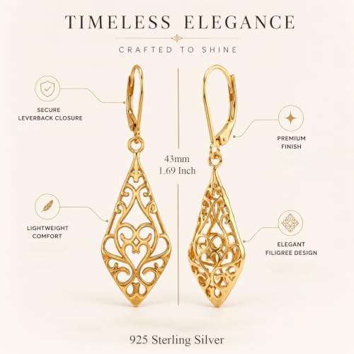LeCalla 925 Sterling Silver Filigree Dangle Earrings for Women | Gold, Rose Gold & Rhodium Plated Diamond-Cut Filigree Drop Earrings | Lightweight Earrings Jewelry Gift - color: Yellow-Gold Filigree Drop