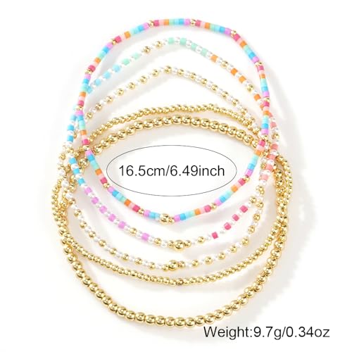 14K Gold Plated Beaded Bracelets Stack Set for Women,Stretch Boho Colorful Beads Ball Jewelry Friendship Summer Trendy - color: Pink