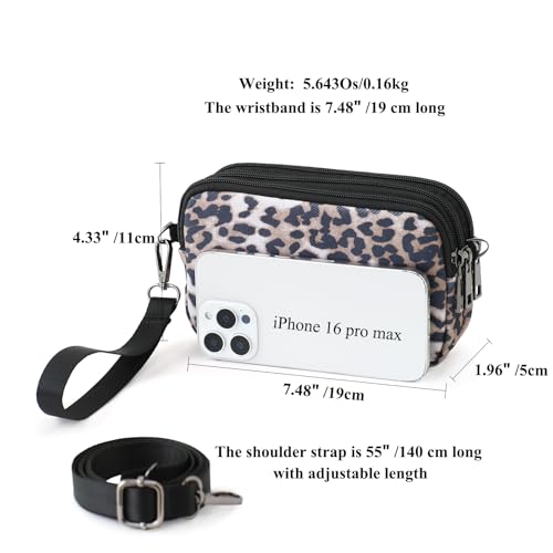 Small Wristlet Wallet for Women, 3-Zip Crossbody Phone Purse - color: Whitemesh-d-leopard/Polyester