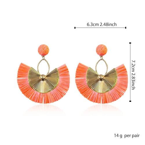 Anmpab Straw Fan Bohemian Tassel Earrings for Women Trendy Colorful Fringe Summer Beach Statement Earrings - color: Orange