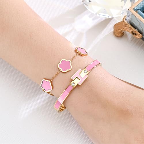 H Bangle & Clover Bracelet for Women - Stainless Steel Fashion Jewelry - 18K Gold Plated H Bangle and Lucky Five Leaf Clover Bracelet - Elegant Bracelets Set - Gift for Women - color: Gold-Pink Set