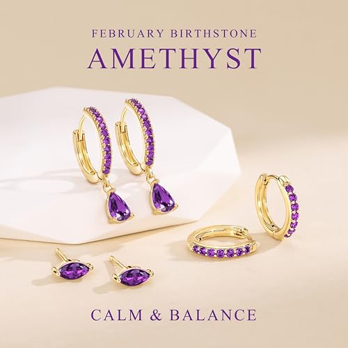 14K Gold Plated Small Huggie Hoop Earrings Set for Women, Hypoallergenic Dainty Sterling Silver Dangle Studs for Cartilage Helix, Lightweight Trendy Cute Stack Birthstone Jewelry Gift - color: 02_Amethyst_Feb_Gold