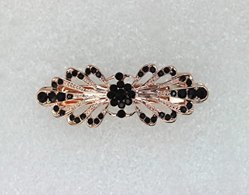 Faship Black Small Mini Floral Hair Barrette Clip - color: Black / Rose Gold Plated