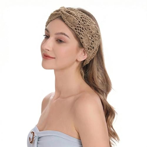 ZLYC Women Headband Handmade Crochet Knit Boho Flower Hair Bands (Twist Knotted Khaki) - color: Twist Knotted Khaki