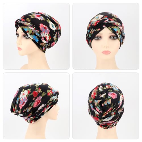 DRESHOW Turban Pre-Tied Twisted Hat Thread African Head Wraps for Black Women Chemo Cancer Cap Braid Hair Cover - color: 1 Pc Twisted Braid: Floral-black