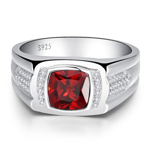 Yaresul 8 * 8mm 2.85CT 925 Sterling Silver Mens Gemstone Ring Princess Cut Created Black Onyx|Sapphire|Emerald|Ruby Mens Wedding Band Engagement Ring Pave CZ W/AAA Size 6-13 - color: Created Ruby