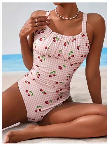 BEAUDRM Women's Boho Floral Print One Piece Swimsuit Y2K Bathing Suits Swimwear Beachwear - color: Pink Cherry, size: Large
