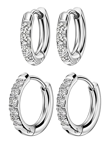316L Surgical Stainless Steel Huggie Hoop Earrings with Cubic Zirconia, 10G 12G 14G 8-20mm Cartilage Lobe Earrings, 14G Piercing Jewelry - style: 10G 8mm 10mm Silver Clear CZ