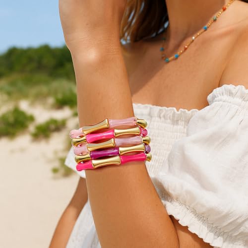 Gold Tube Bangle Bracelets for Women Stackable Bamboo Chunky Acrylic Beads Stretch Friendship Summer Beach Bracelet Jewelry - color: Colorful 01