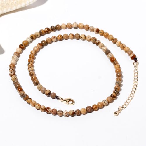 Simple Choker Necklace for Women Real Stone and Crystals Necklaces 4mm Beaded Choker Jewelry Meditation Gift for Women (16"+2") - style: Picture Jasper