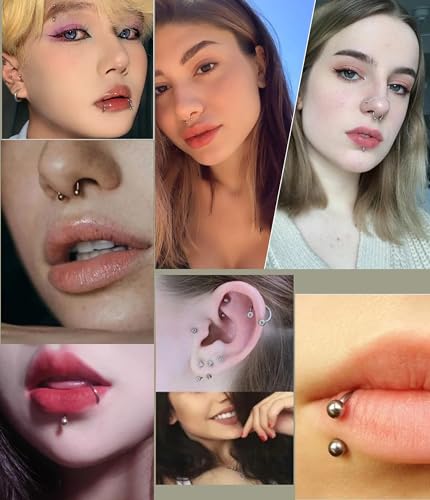 40Pcs Surgical Steel Lip Rings Labret Monroe Barbell Daith Tragus Helix Piercing Septum Nose Ring Eyebrow Body Jewelry for Women Men - color: Black