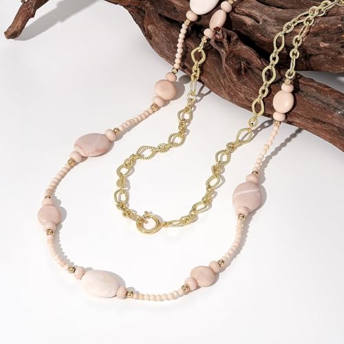 KissYan Long Necklaces for Women, 14K Gold Plated Beaded Gemstone Turquoise Boho Layered Choker, Natural Stone Handmade Sweater Fashion Jewelry Gifts - style: Flat White Stone