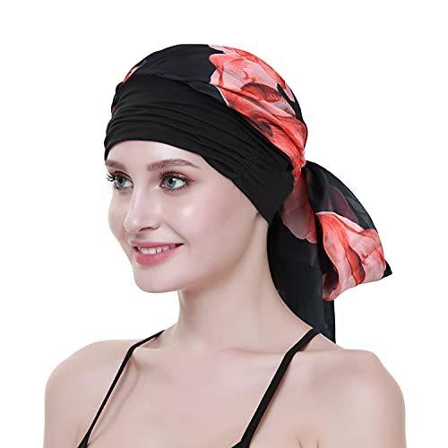 Chemo Headwear Turbans for Women Long Hair Head Scarf Headwraps Cancer Hats - color: Dark Red Black