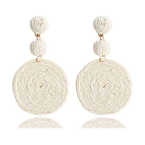 Boho Raffia Ball Earrings for Women, Handmade Statement Drop Earrings Straw Dangle Earrings Beach Vacation Jewelry - color: Beige