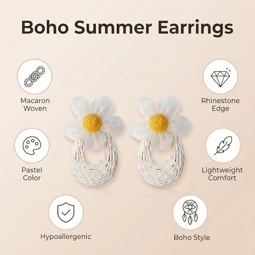 Woven Raffia Rattan Earrings for Women, Boho Flower Hoop & Drop Dangle Earrings Collection, Handmade Summer Beach Vacation Statement Earrings for Party Daily Wear - color: White Daisy Woven Hoop