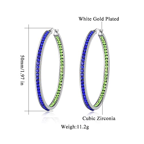 CiNily Mult-colors Crystal Stainless Steel Hoop Earring for Women Hypoallergenic Jewelry for Sensitive Ears Large Big Hoop Earrings 2" - color: Blue and Green