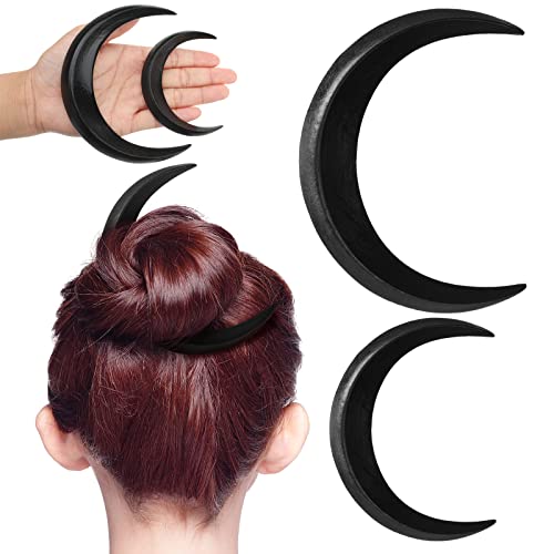 2 Pcs Hand Carved Crescent Moon Hair Fork for Women Moon Hair Stick Wooden Moon Hair Clip Crescent Moon Hairpin Wood Moon Hair Accessories Hair Styling Pins Moon Barrettes, 2 Sizes (Black) - color: Black