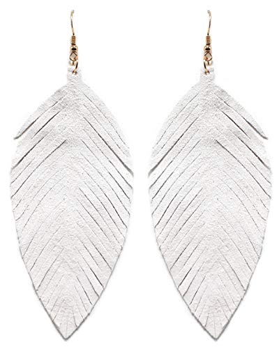 Large Genuine Soft Leather Handmade Fringe Feather Lightweight Tear Drop Dangle Color Earrings for Women Girls Fashion - color: White