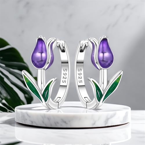 Earrings for Women 925 Sterling Silver Hoop Earring Colorful Cute Fashion Hoop Earrings Graduation Birthday Jewelry Gifts for Women - color: Purple Tulips Earrings