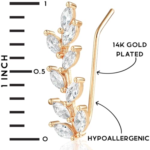 14K Gold or 925 Sterling Silver Plated Ear Crawler Earrings for Women - Crystal Leaf Ear Climber Earrings - Hypoallergenic, Safe for Sensitive Ears - color: 14K Gold Plated