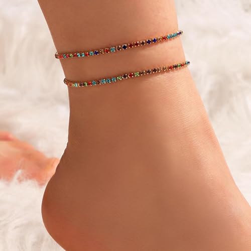 Boho Layered Rhinestone Ankle Bracelet Set Colorful Crystal Tennis Chain Anklet Summer Beach Rainbow CZ Anklet Sparkly Cubic Zirconia Foot Chain Jewelry for Women