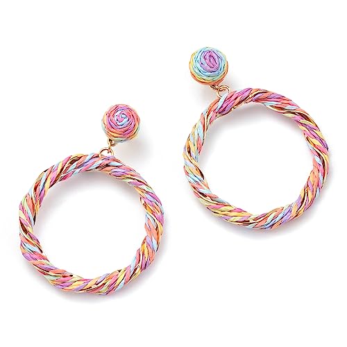Boho Raffia Hoop Dangle Earrings Twisted - Statement Rattan Round Geometric Earrings For Summer Beach Vacation - color: COLORFUL