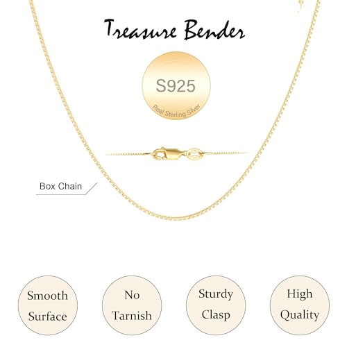 S925 Sterling Silver Box Chain Necklace for Women - 0.8mm Sterling Silver Box Chain Necklace Thick Sturdy Colourfast Chain Necklaces Jewelery for Women 16/18/20/22/24 Inch - color: Gold