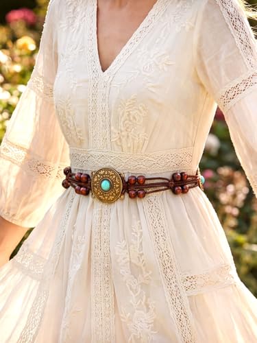 Fstrend Women's Woven Waist Belt Chain,Turquoise Braided Belts with Wooden Beads,Adjustable Belly Accessory for Dress (D) - color: C