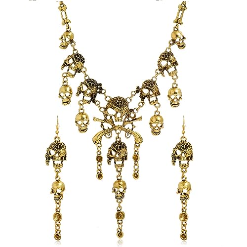 Pingyongchang Vintage Pirate Skull Tassel Charm Necklace and Skull Bracelet Lady Horror Necklace for Women - color: Set 1