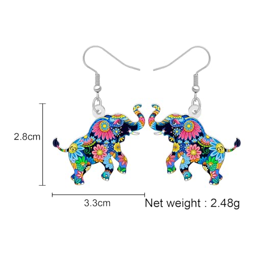 BONSNY Colorful Acrylic Elephant Dangle Earrings Bohemian Tribal Floral Design Boho Jewelry Gifts for Women Funny Novelty Hypoallergenic Spring Summer Gifts Accessories - color: Navy