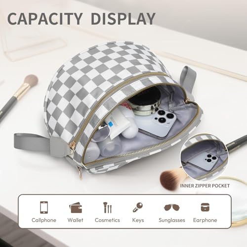 Checkered Crossbody Bag for Women Bum Bag Spacious Nylon Fanny Packs Cross Body Shoulder Purses Bag Handbags - color: Light Gray Checkered