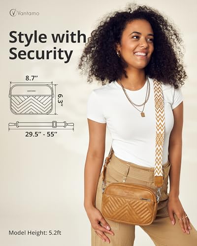 Vantamo Premium Quilted Crossbody Bags for Women with Anti-Pickpocket Clip, Vegan Leather Handbags, Travel Purses for Women - color: Shoulder Bag Lightbrown Jacquard Strap