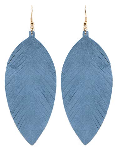 Large Genuine Soft Leather Handmade Fringe Feather Lightweight Tear Drop Dangle Color Earrings for Women Girls Fashion - color: DENIM