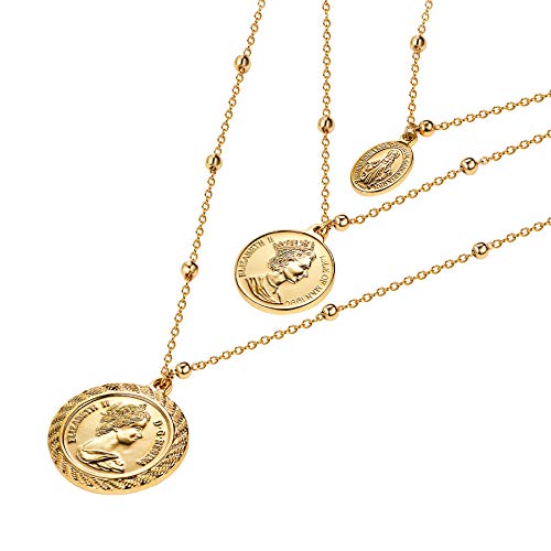 6PCS Layered Gold Necklaces for Women Trendy, 18K Gold Plated Cross Pendant Necklace Set, Vintage Chunky Gold Necklace Stack for Women Jewelry Gifts - style: Layered Coin Necklace