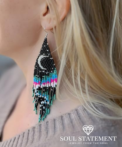 Long Beaded Earrings for Women, Statement Tassel Dangling Earrings, Native American Jewelry Boho Country Colorful Flower Moon Bead Gifts - style: Pink Aurora Night