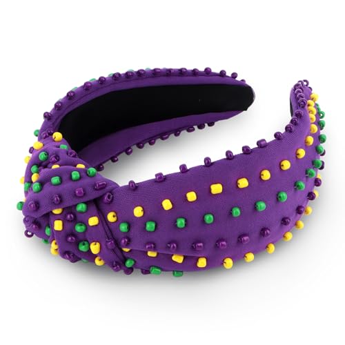 YISSION Mardi Gras Knotted Beaded Wide Headband for Adults - Purple Green Yellow Festival Hair Accessory for Parade, Costume Party & Celebration - color: Purple,Yellow,Green