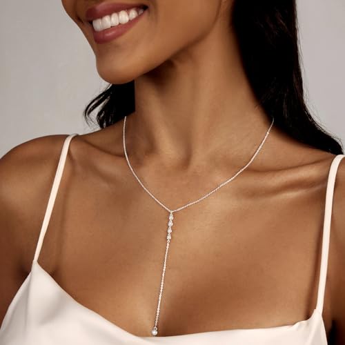 Luxval Lariat Silver Necklace for Women, Dainty Long Necklace Silver Y-Shaped Pendant Necklaces Trendy Beaded Chain Drop Necklaces Jewelry for Women Gifts - color: Silver-4CZ Y Necklace