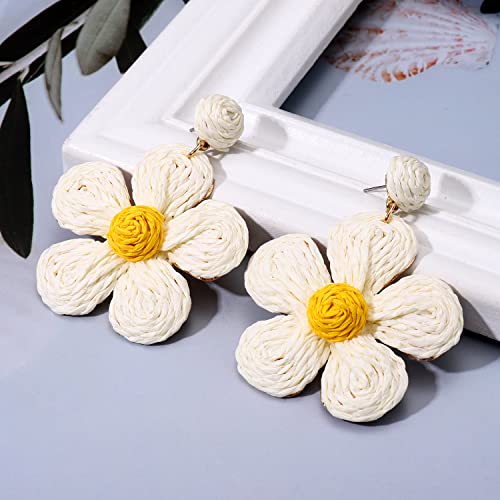 Rattan Earrings for Women Statement Boho Raffia Straw Wrapped Flower Drop Dangle Earrings Summer Tropical Beach Jewelry - color: Beige