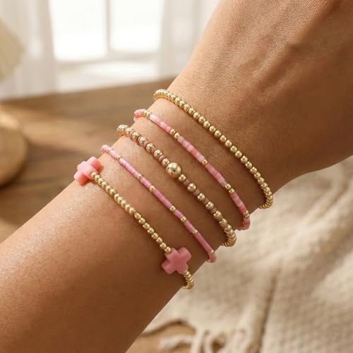 Gold Beaded Cross Bracelet for Women, 14K Plated Adjustable Stackable Dainty Bracelets, Non Tarnish Fashion Jewelry Set Gifts for Women Birthday Friendship - color: Colors-9