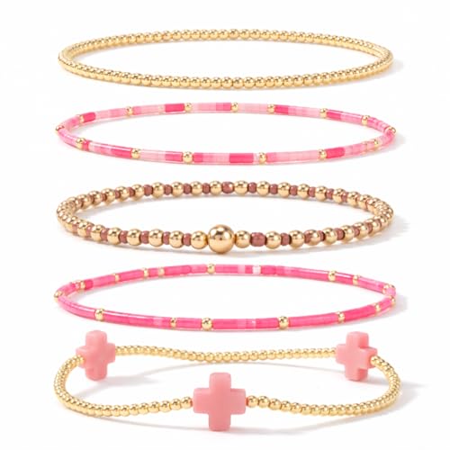 Gold Beaded Cross Bracelet for Women, 14K Plated Adjustable Stackable Dainty Bracelets, Non Tarnish Fashion Jewelry Set Gifts for Women Birthday Friendship - color: Colors-9