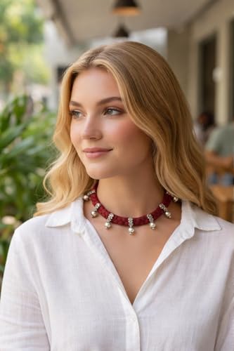 athizay Boho Charm Thread Choker Necklace – Braided Bohemian Choker with Oxidized Silver Dangle Charms | Handmade Boho Jewelry for Women - color: Maroon, Silver
