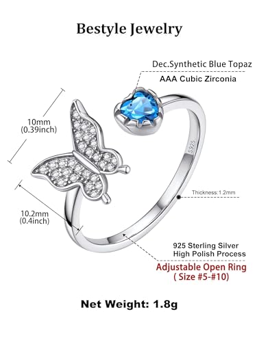 Bestyle 925 Sterling Silver Butterfly Ring Hypoallergnic Adjustable Birthstone Rings for Women Butterfly Jewelry Gifts for Anniversary Mothers' Day Birthday - color: 12.December (Blue Topaz)