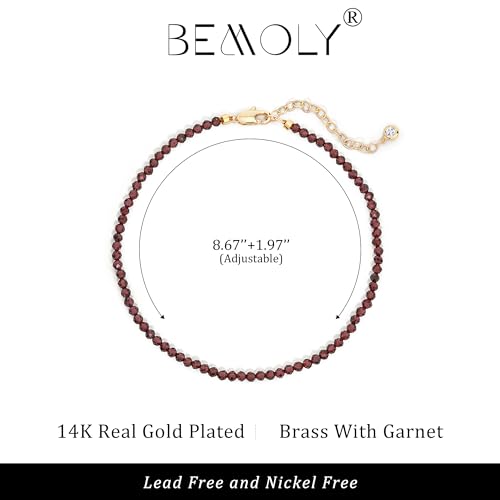 Bemoly Faceted Anklet for Women Gemstone Beads Anklet with Sparkling CZ Tail Charm - 22cm + 5cm Adjustable 14K Gold Plated Foot Chain - October Birthstone Jewelry Gift for Her, Summer Beach Vacation - color: Anklet-Red garnet